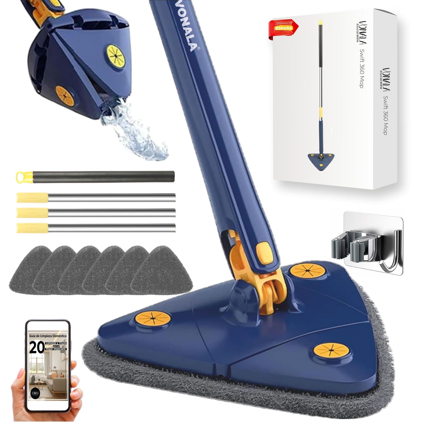 Swift 360 Vonala - Mopa para Limpiar Azulejos y Paredes Autoescurrible, 155cm, Incluye 6 Recambios, Fregona Giratoria 360º Triangular