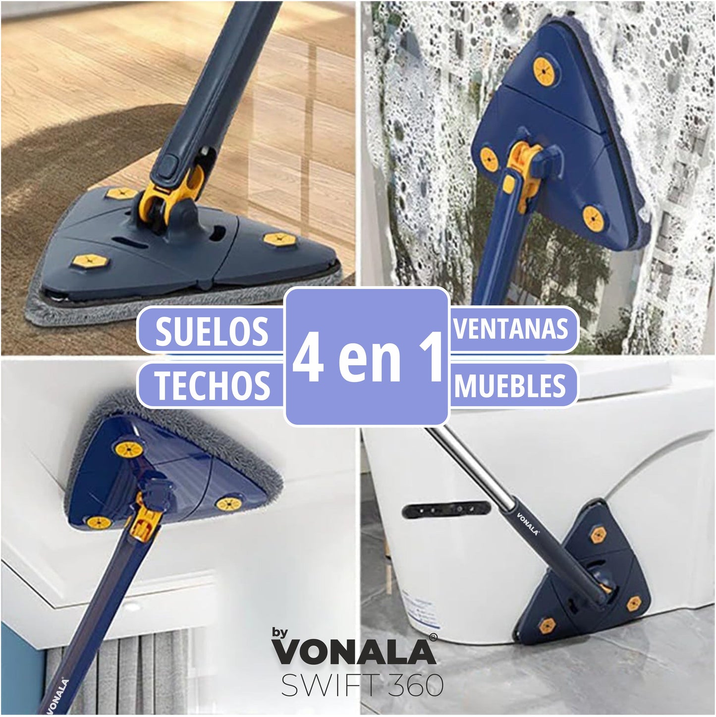 Swift 360 Vonala - Mopa para Limpiar Azulejos y Paredes Autoescurrible, 155cm, Incluye 6 Recambios, Fregona Giratoria 360º Triangular