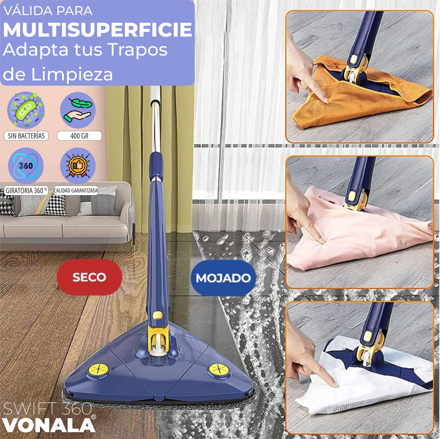 Swift 360 Vonala - Mopa para Limpiar Azulejos y Paredes Autoescurrible, 155cm, Incluye 6 Recambios, Fregona Giratoria 360º Triangular