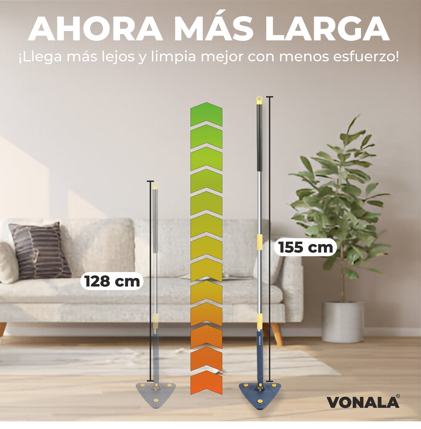 Swift 360 Vonala - Mopa para Limpiar Azulejos y Paredes Autoescurrible, 155cm, Incluye 6 Recambios, Fregona Giratoria 360º Triangular