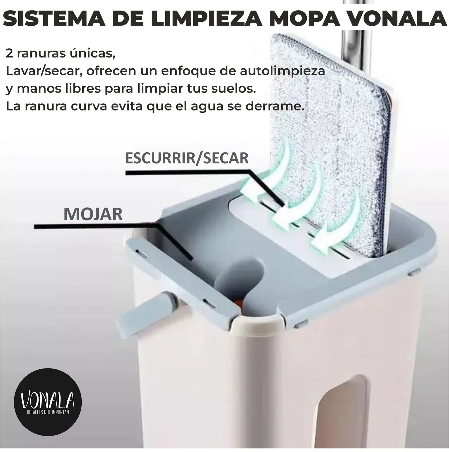 Mopa Fregona con Cubo Escurridor Vonala, para Limpieza de Suelos, Azulejos y Paredes