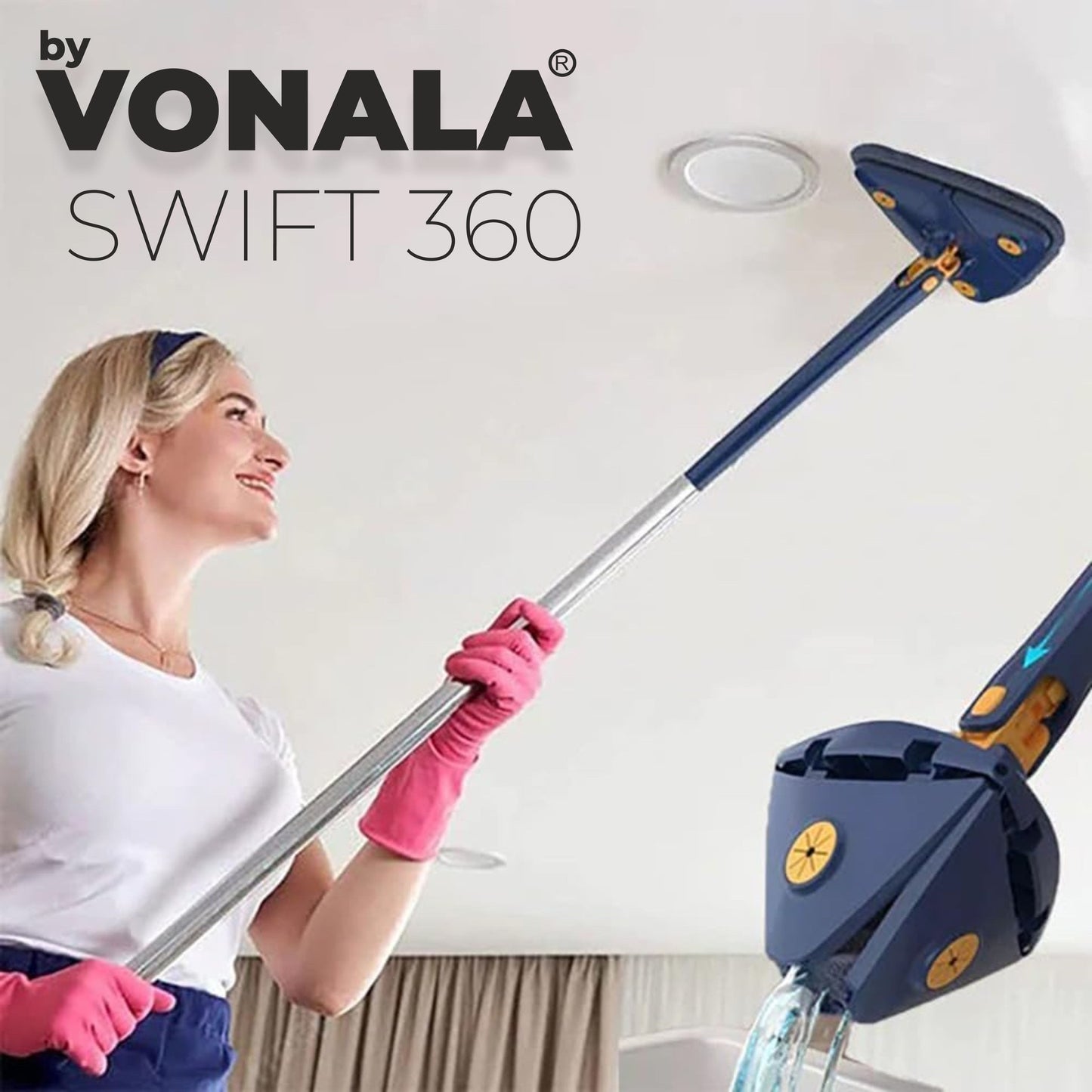 Swift 360 Vonala - Mopa para Limpiar Azulejos y Paredes Autoescurrible, 155cm, Incluye 6 Recambios, Fregona Giratoria 360º Triangular