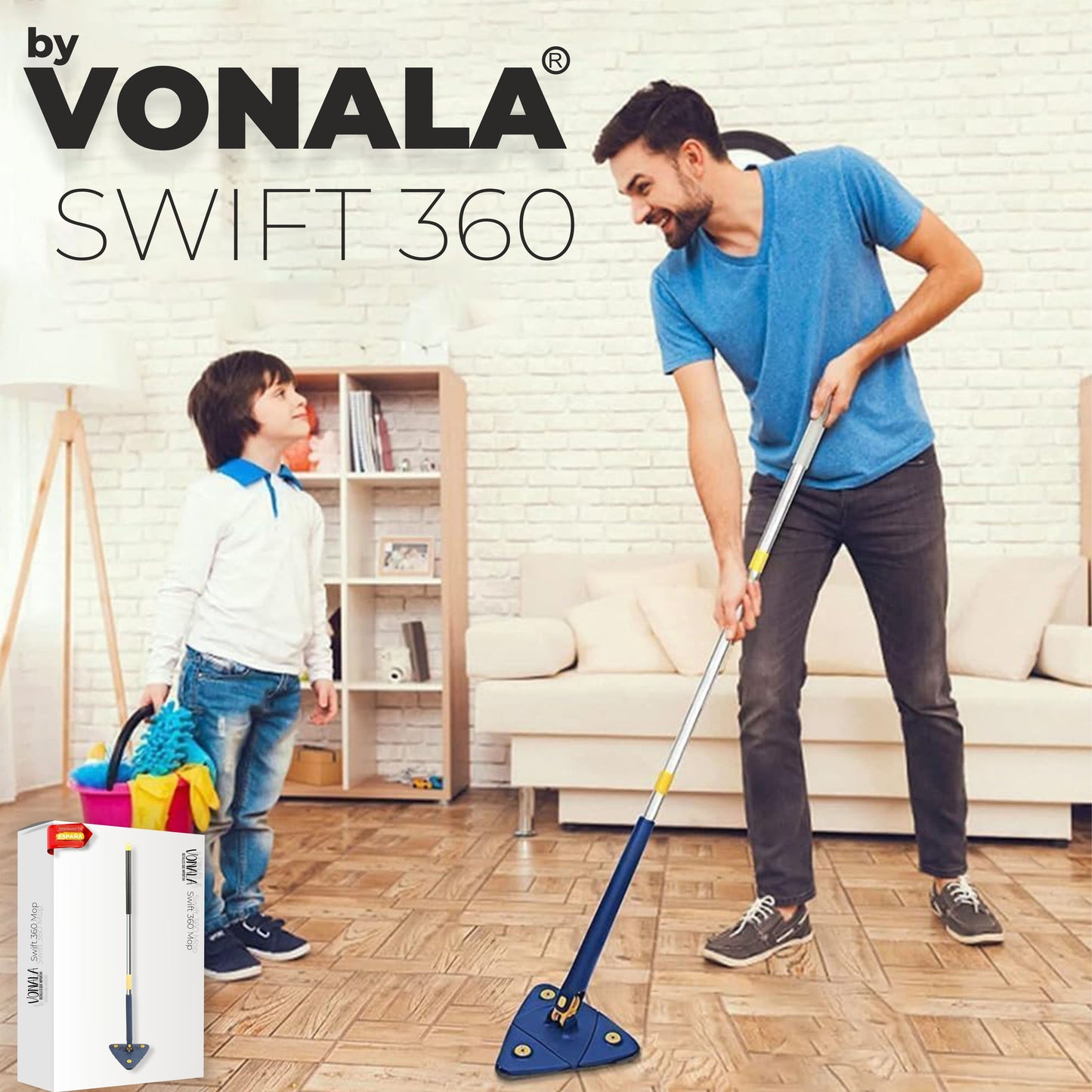 Swift 360 Vonala - Mopa para Limpiar Azulejos y Paredes Autoescurrible, 155cm, Incluye 6 Recambios, Fregona Giratoria 360º Triangular