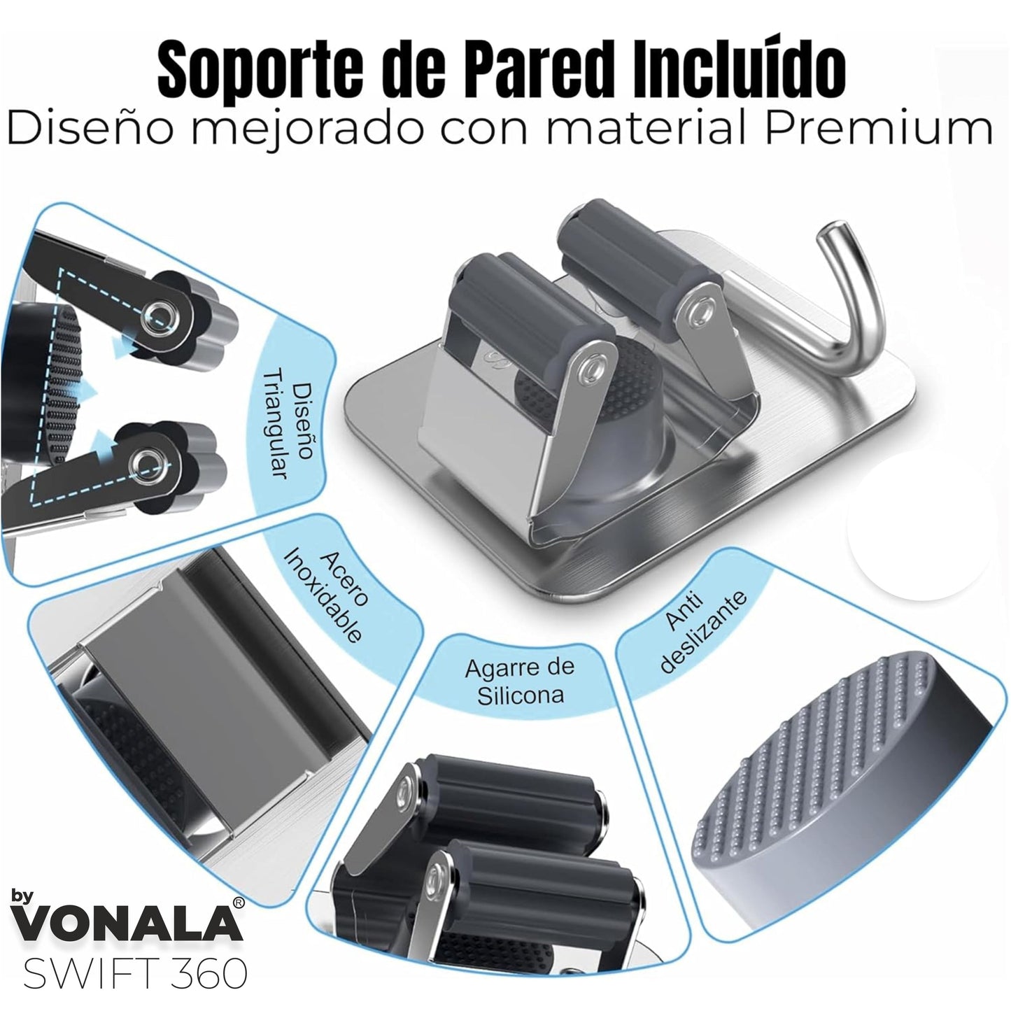Swift 360 Vonala - Mopa para Limpiar Azulejos y Paredes Autoescurrible, 155cm, Incluye 6 Recambios, Fregona Giratoria 360º Triangular
