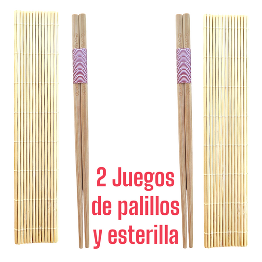 Set de 2 Juegos de Palillos de Bambú + Esterilla de Bambú
